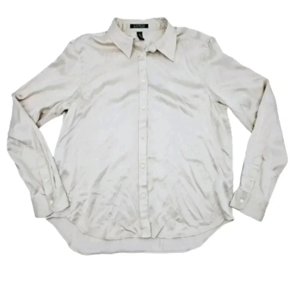 Lauren Ralph Lauren Ivory Silky Button Up Blouse Long Sleeve XL